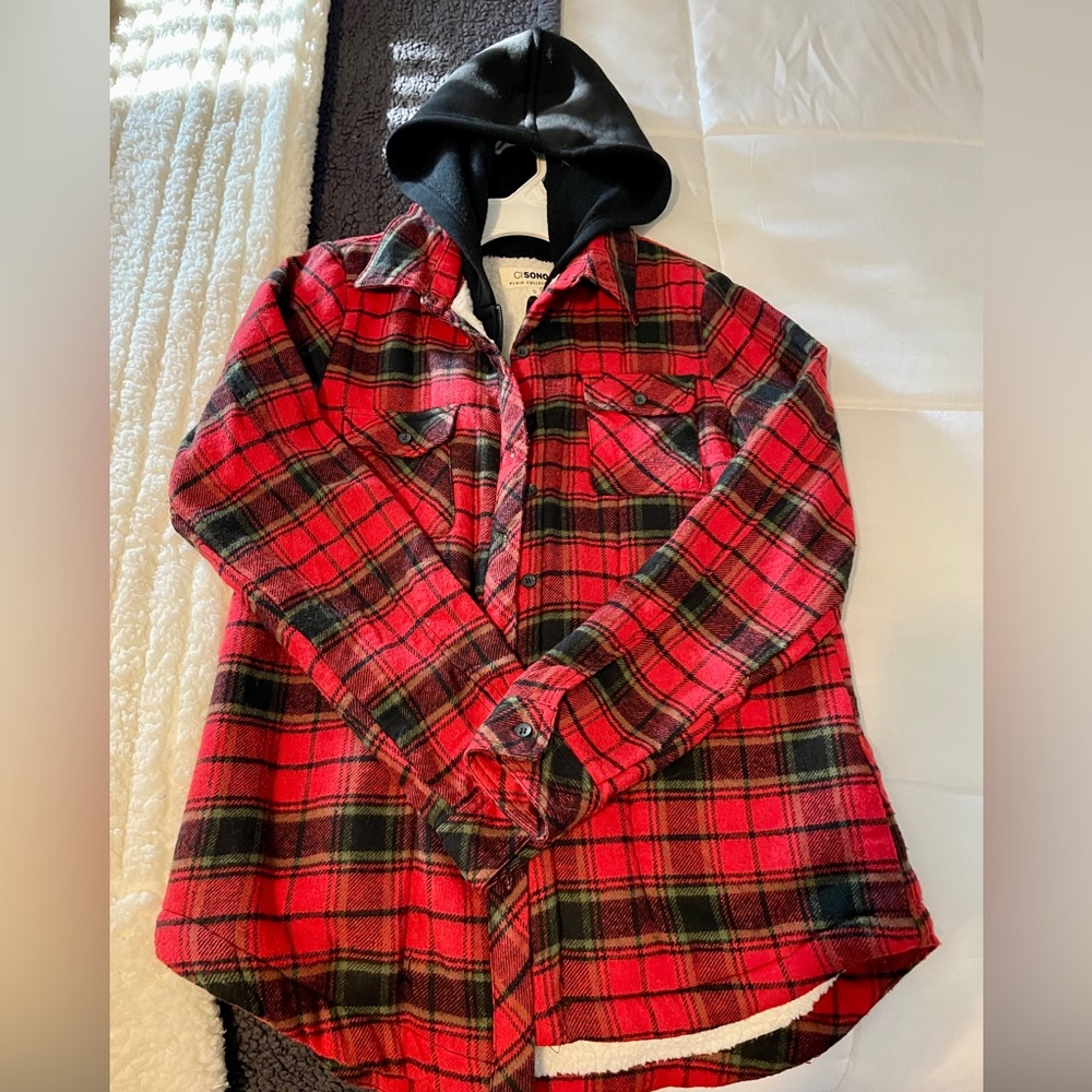 Plaid fleece-lined jacket with hood. Size XS
